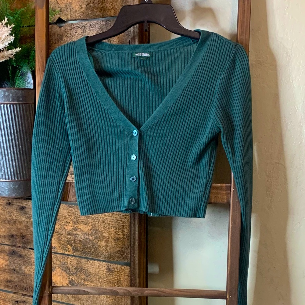 Wild Fable S green fitted cropped button-up sweater